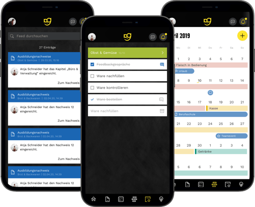 3 Smartphone Screens mit verschiedenen Ansichten aus dem Azubi Guide