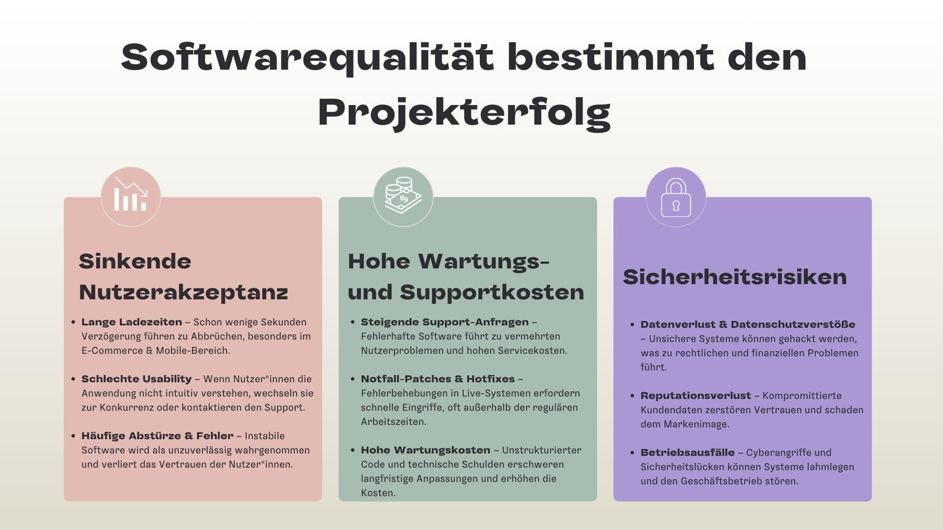 Softwarequalität bestimmt den Projekterfolg: Sinkende Nutzerakzeptanz, Hohe Wartungs- und Supportkosten, Sicherheitsrisiken