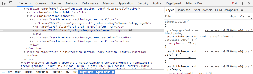 Die geöffneten DevTools. Links der DOM, rechts das Styling des gewählten Elementes.