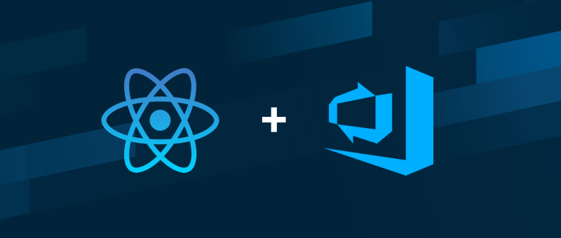 Dunkelblauer Hintergrund mit hellblauem React und Visual Studio Team Symbolen