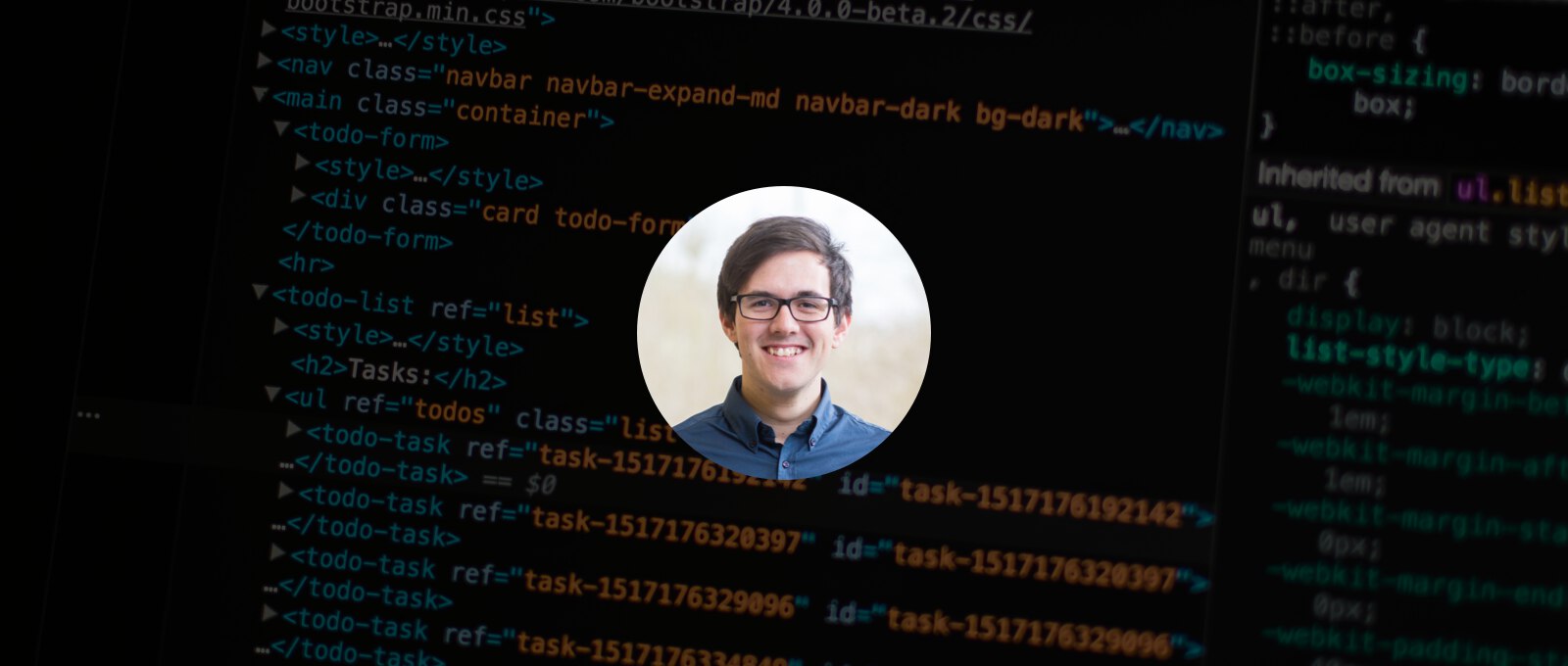 Code auf einem Screen mit Kreisfoto in der mitte von Software Developer Jönas